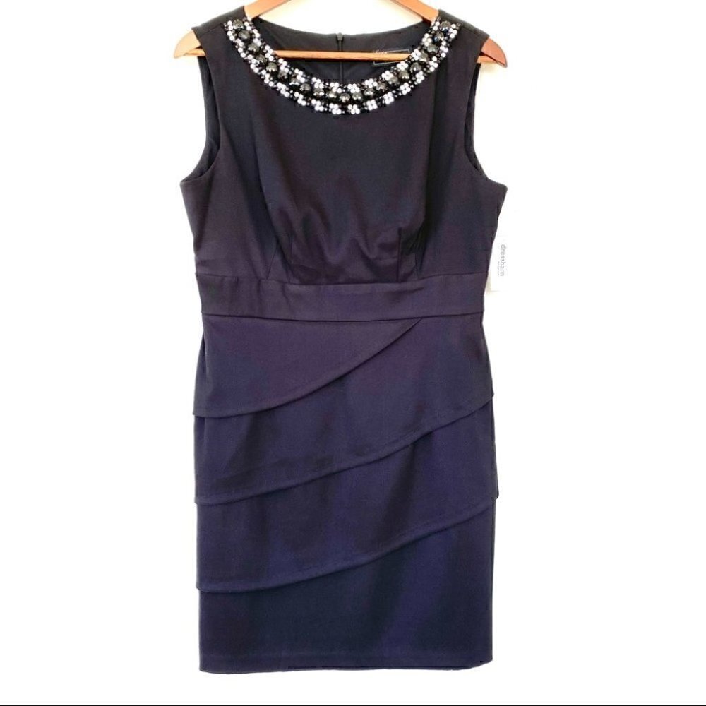 Dressbarn Collection sleeveless dress with crew  neckline and gems, petite size